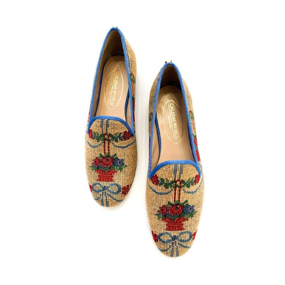 Calita Shoes ​LOAFERS NEEDDLEPOINT FLOWERS AND BOWS WITH BLUE RIM