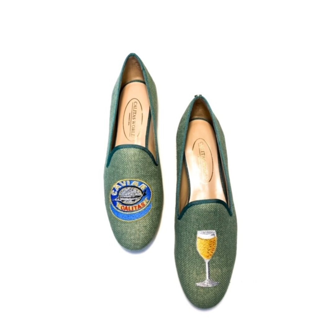 Calita Shoes LOAFERS OLIVE GREEN 603 PV LINEN CAVIAR AND CHAMPAGNE