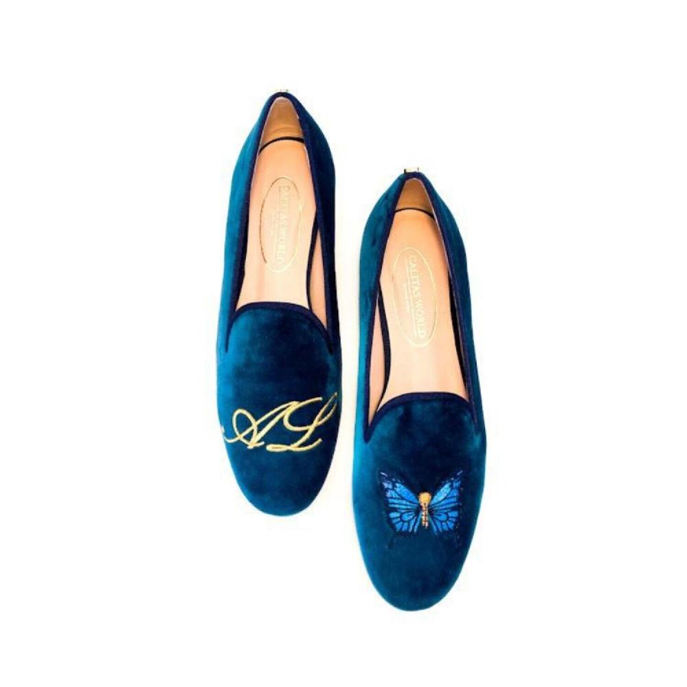 Calita Shoes ​LOAFERS PETROLEUM​ BLUE VELVET GOLDEN INITIALS AND BUTTERFLY