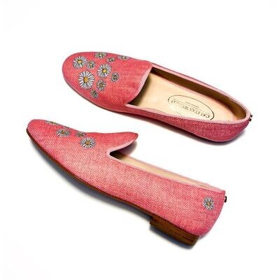 Calita Shoes ​LOAFERS PINK BUBBLEGUM 224PV LINEN DAISIES. (MINI DAISY LEFT HEEL)