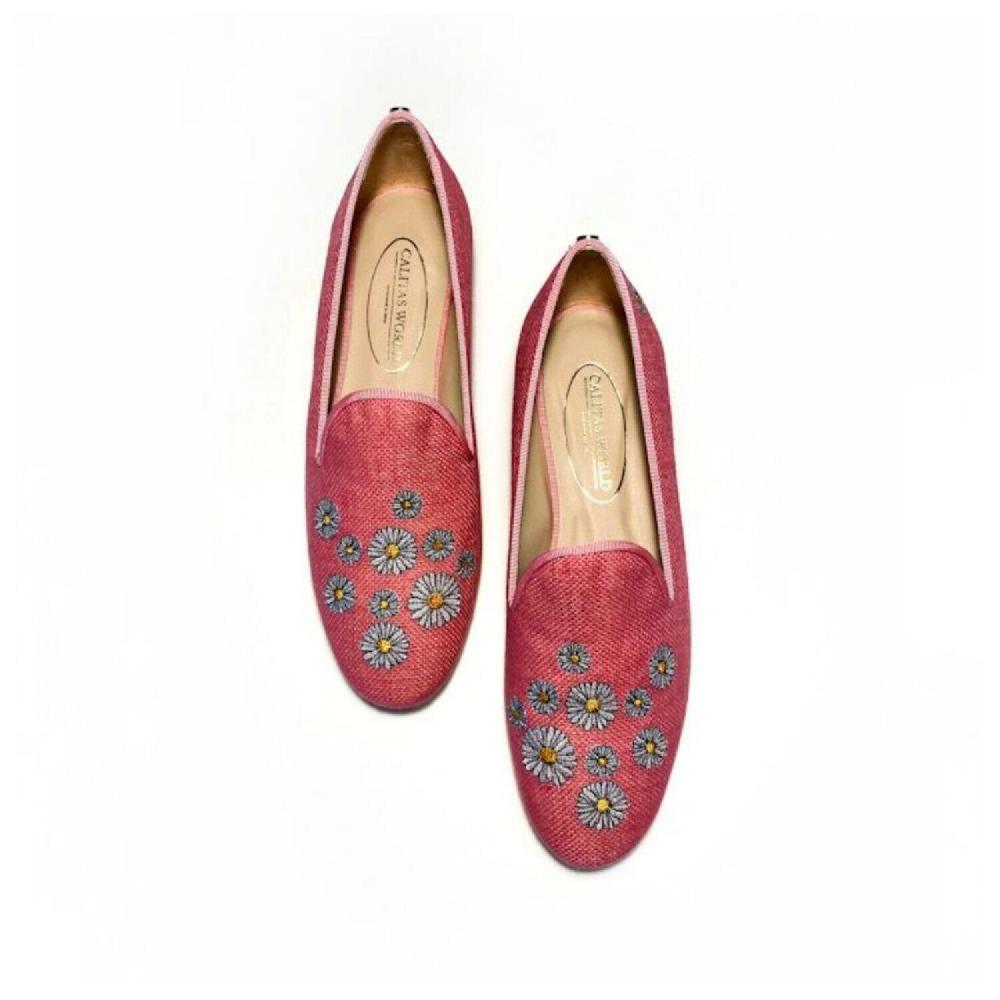 Calita Shoes ​LOAFERS PINK BUBBLEGUM 224PV LINEN DAISIES. (MINI DAISY LEFT HEEL)
