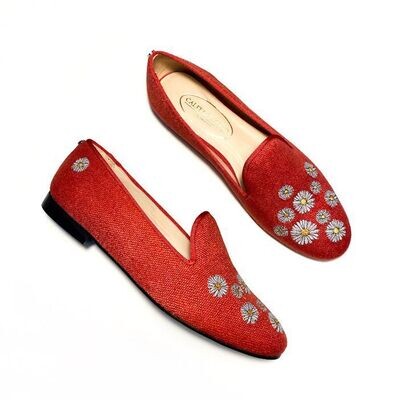 Calita Shoes ​LOAFERS RED 14CO LINEN DAISIES. (MINI DAISY LEFT HEEL)