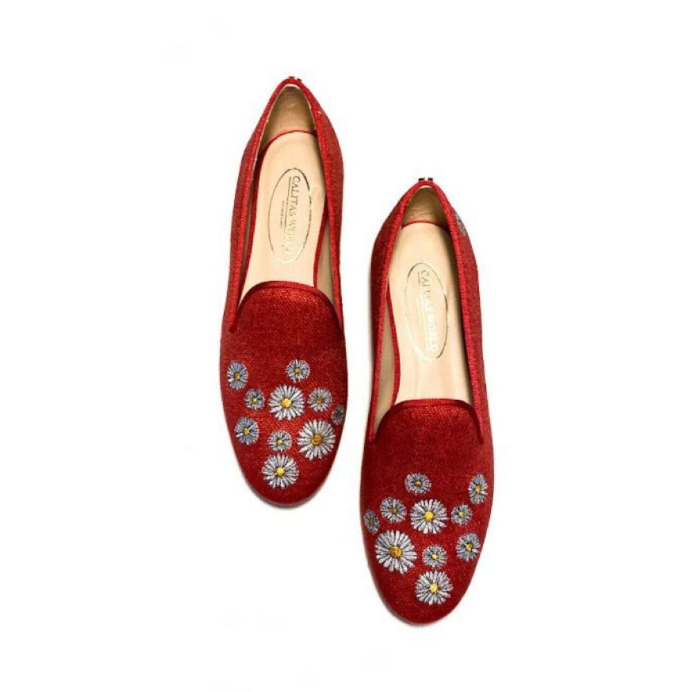 Calita Shoes ​LOAFERS RED 14CO LINEN DAISIES. (MINI DAISY LEFT HEEL)