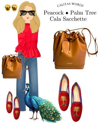 Calita Shoes LOAFERS RED 14CO LINEN GOLDEN PALM TREE AND PEACOCK