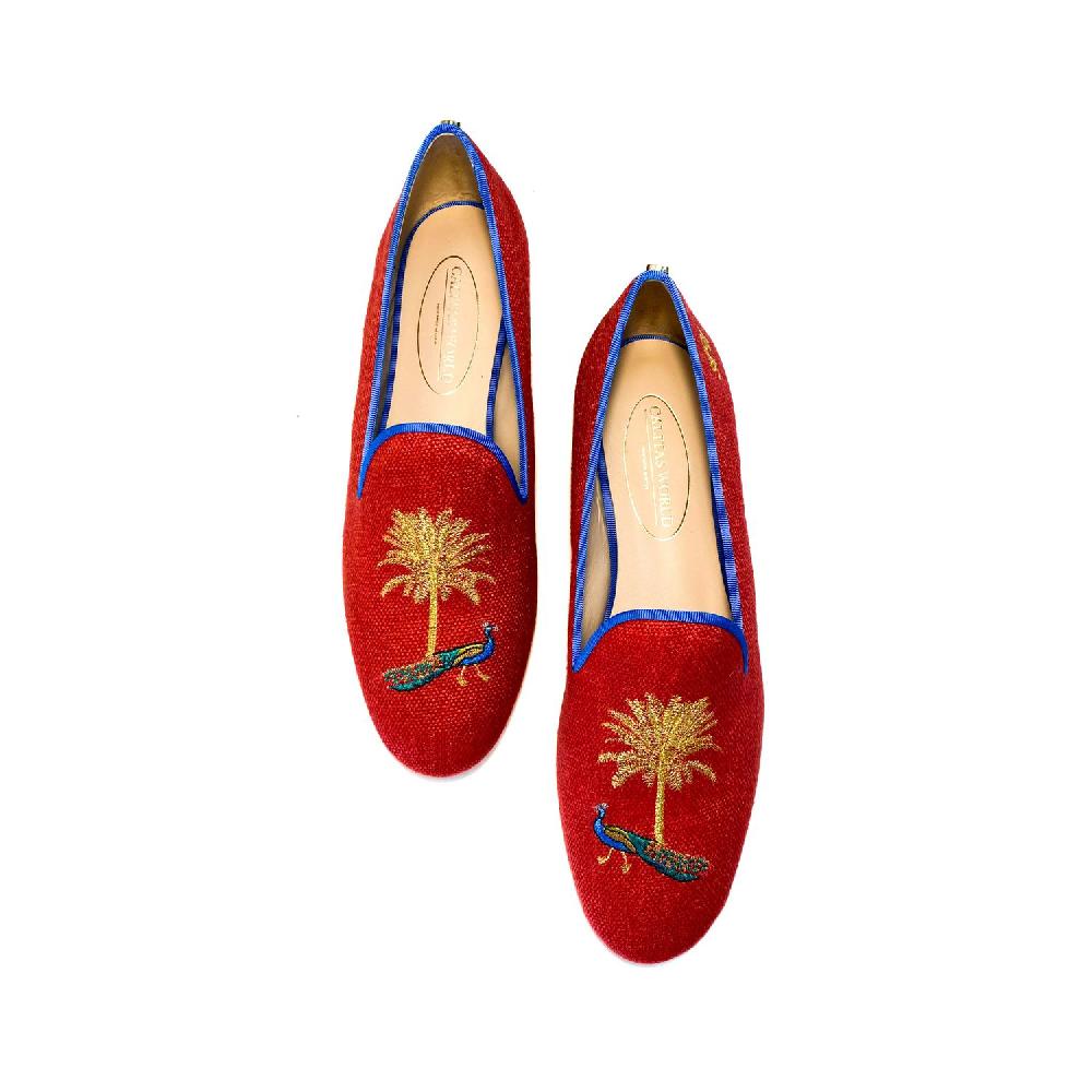 Calita Shoes LOAFERS RED 14CO LINEN GOLDEN PALM TREE AND PEACOCK