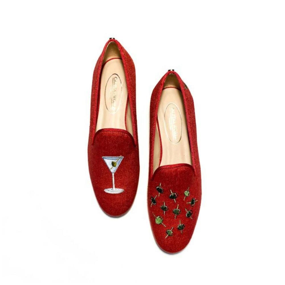 Calita Shoes ​LOAFERS RED 14CO LINEN MARTINI AND OLIVES. (MINI OLIVE LEFT HEEL)
