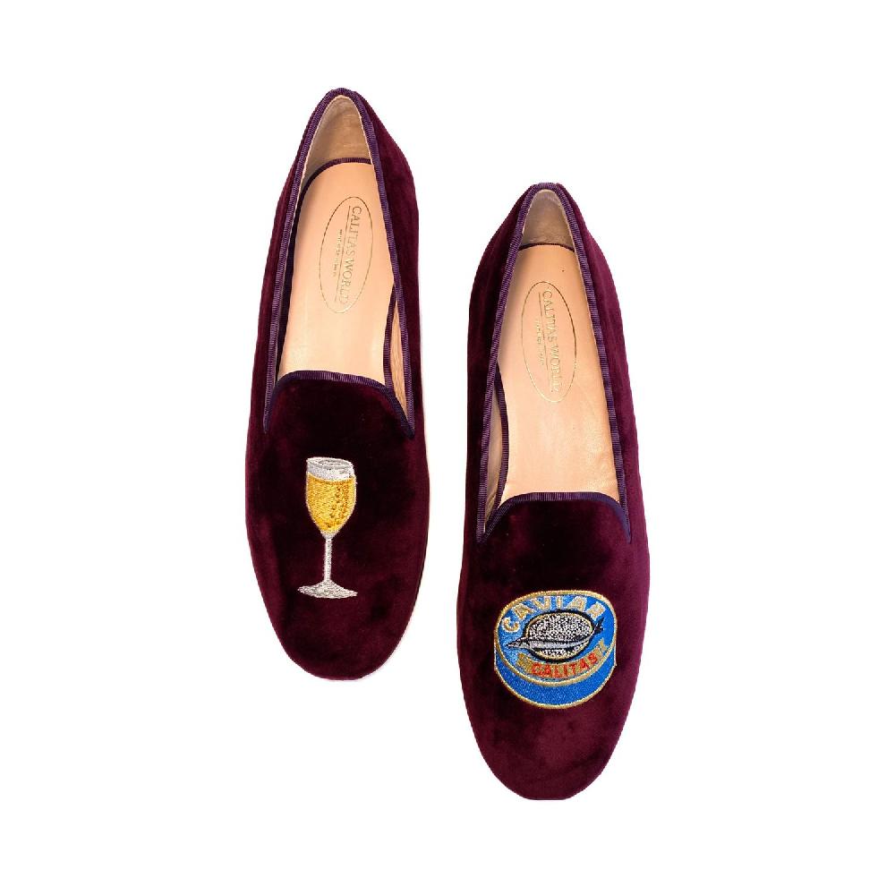 Calita Shoes LOAFERS WINE TX VELVET CAVIAR AND GLASS OF CHAMPAGNE