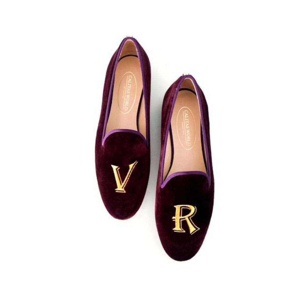Calita Shoes ​LOAFERS WINE TX VELVET R53 ALICE GOLD INITIALS