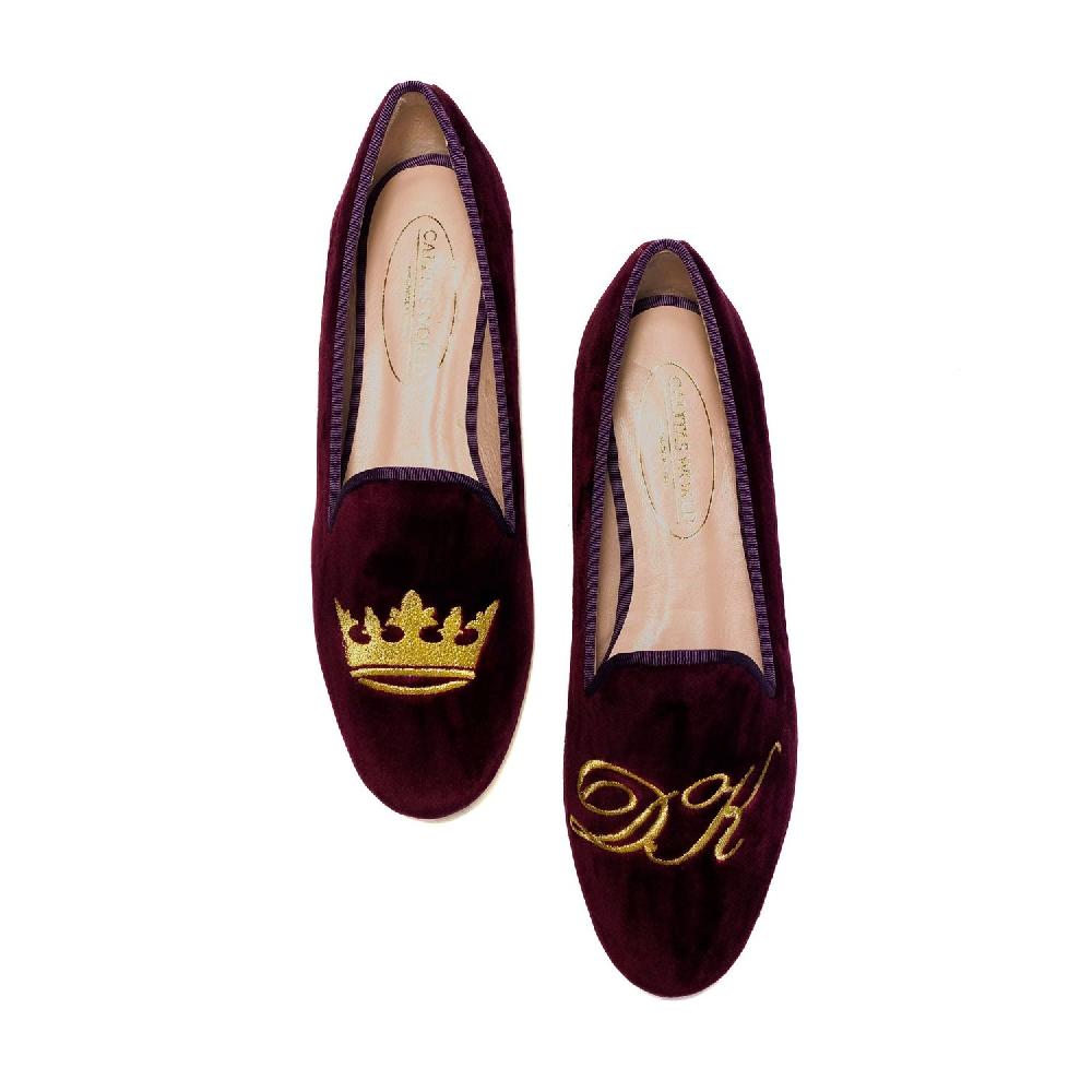 Calita Shoes LOAFERS WINE TX VELVET R53 GOLDEN CROWN AND GOLDEN INITIALS