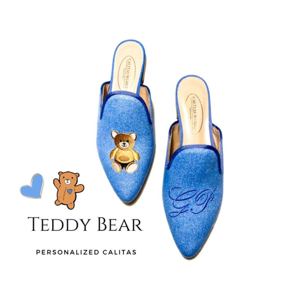 Calita Shoes ​MULES BABY BLUE LINEN TEDDY BEAR AND INITIALS