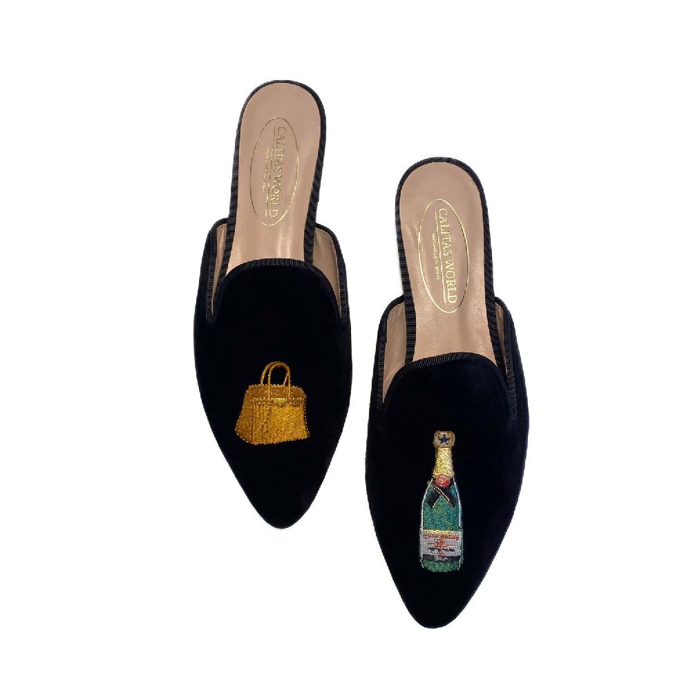 Calita Shoes ​MULES BLACK VELVET BIRKIN AND CHAMPAGNE