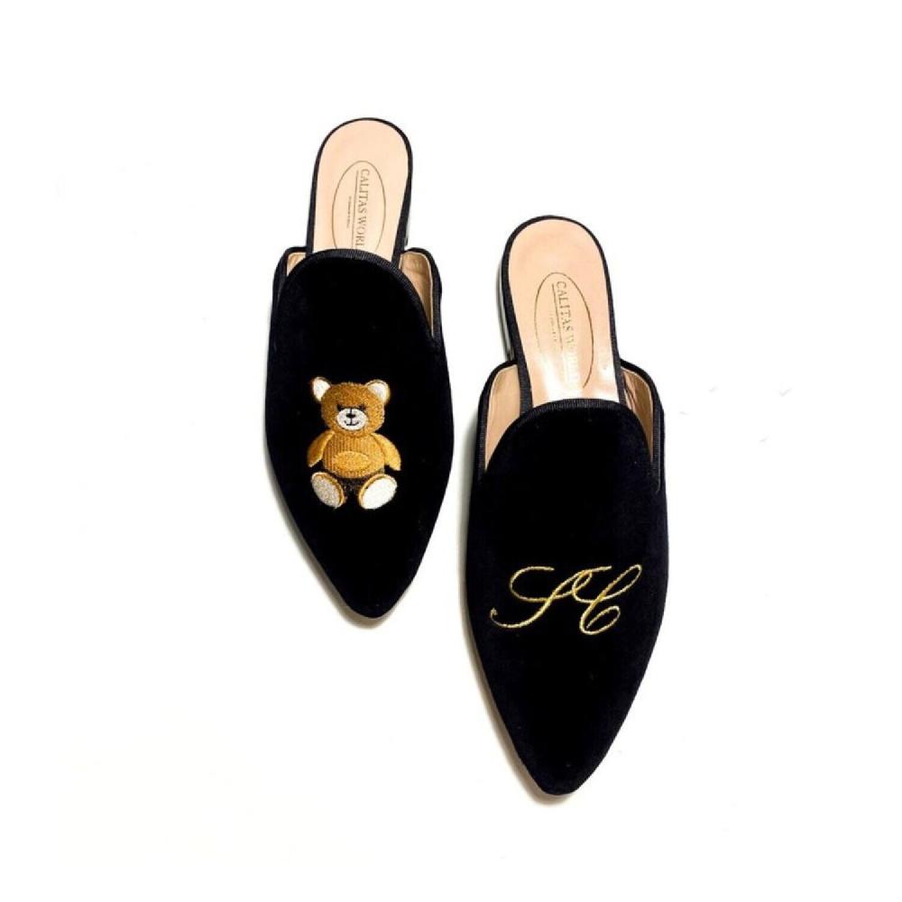Calita Shoes ​MULES BLACK VELVET TEDDY BEAR AND INITIALS