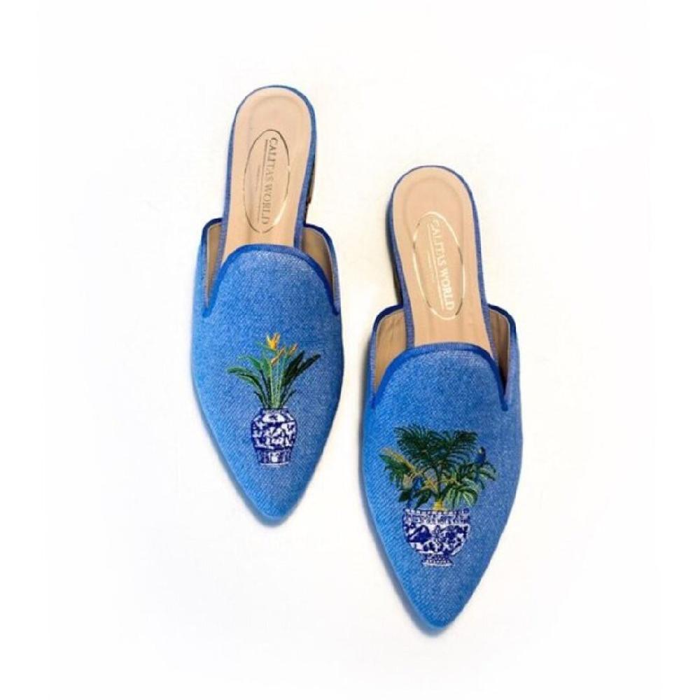 Calita Shoes ​MULES BLUE CM LINEN TROPICAL PLANTS IN PORCELAIN