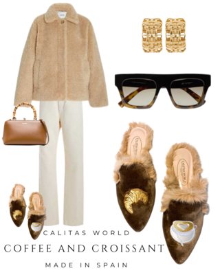 Calita Shoes ​MULES FUR BEIGE 5ACO VELVET COFFEE AND CROISSANT