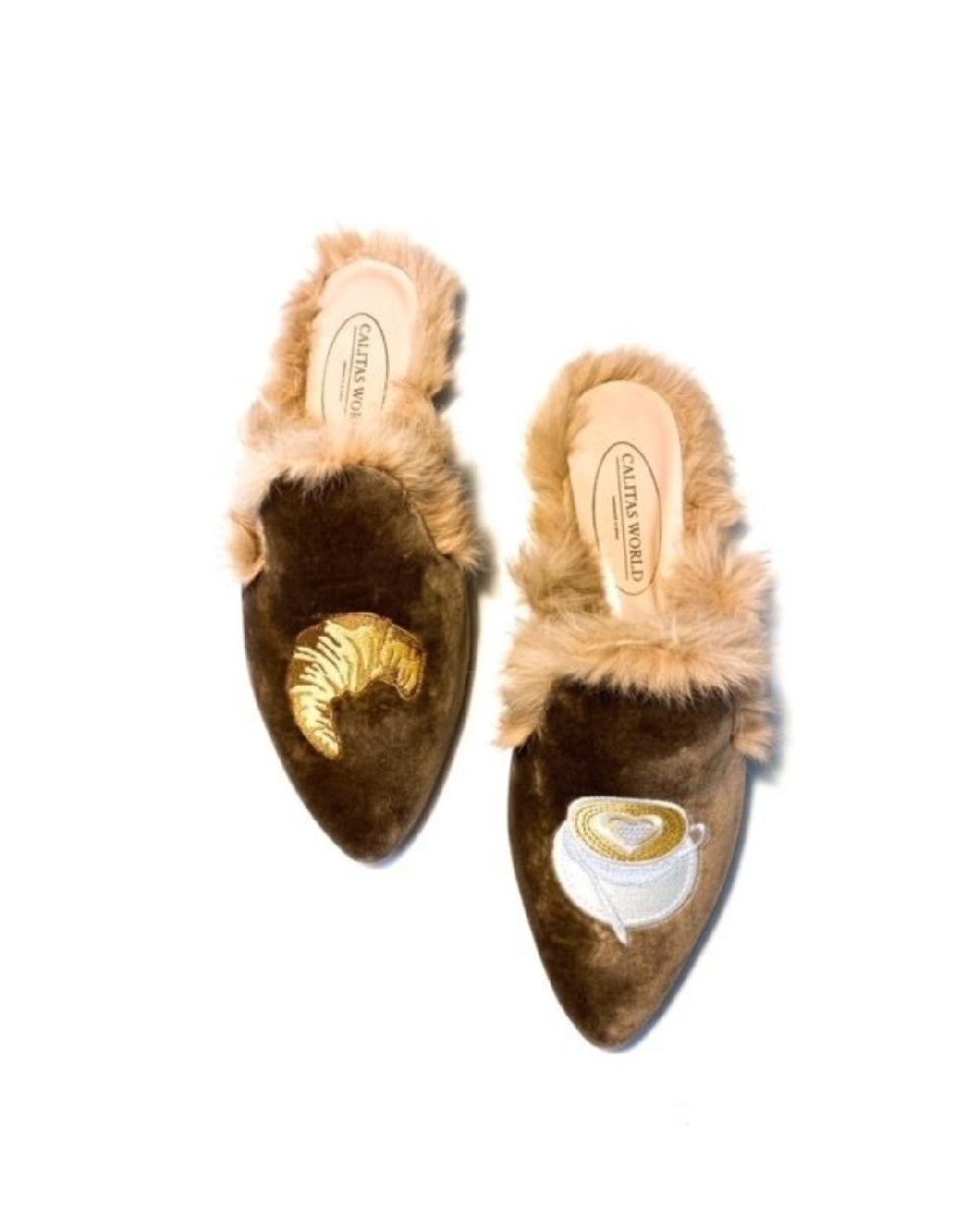 Calita Shoes ​MULES FUR BEIGE 5ACO VELVET COFFEE AND CROISSANT