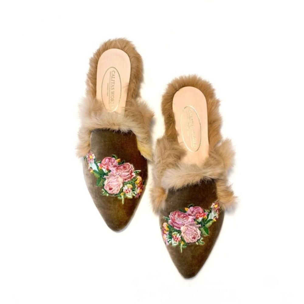 Calita Shoes ​MULES FUR BEIGE 5ACO​ VELVET PINK ROSES