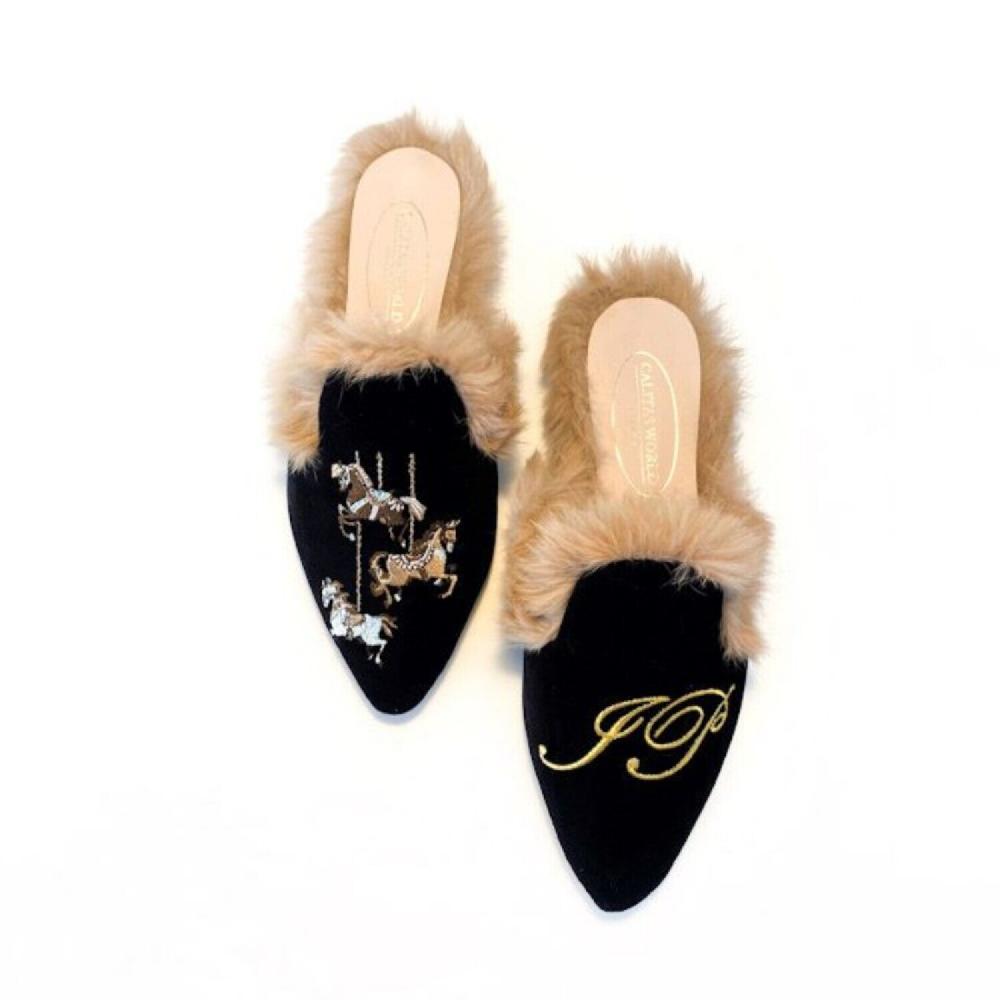 Calita Shoes ​MULES FUR BLACK VELVET CAROUSEL AND INITIALS