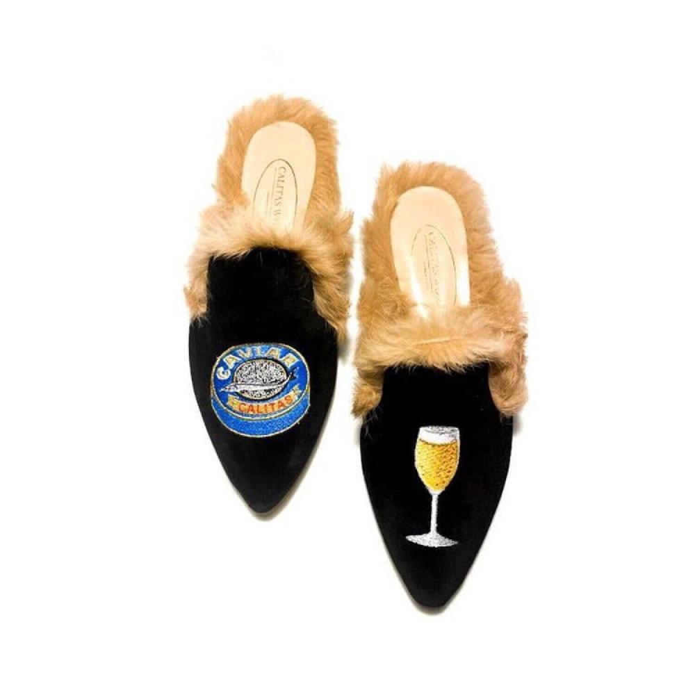 Calita Shoes ​MULES FUR BLACK VELVET CAVIAR AND CHAMPAGNE