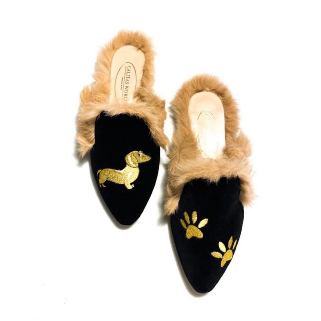 Calita Shoes ​MULES FUR BLACK VELVET DACHSHUND AND FOOTPRINTS