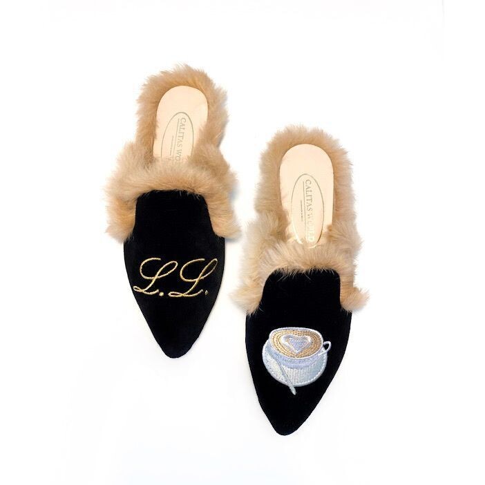 Calita Shoes ​MULES FUR BLACK VELVET GOLDEN INITIALS AND COFFEE