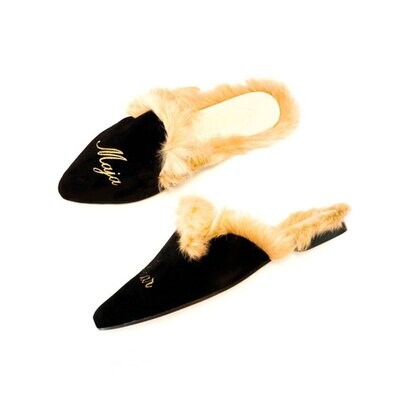 Calita Shoes ​MULES FUR BLACK VELVET GOLDEN NAME AND SURNAME