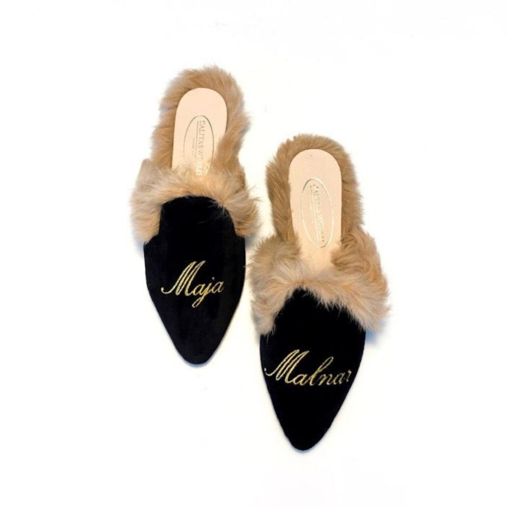 Calita Shoes ​MULES FUR BLACK VELVET GOLDEN NAME AND SURNAME