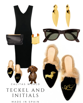 Calita Shoes ​MULES FUR BLACK VELVET GOLDEN TECKEL AND INITIALS