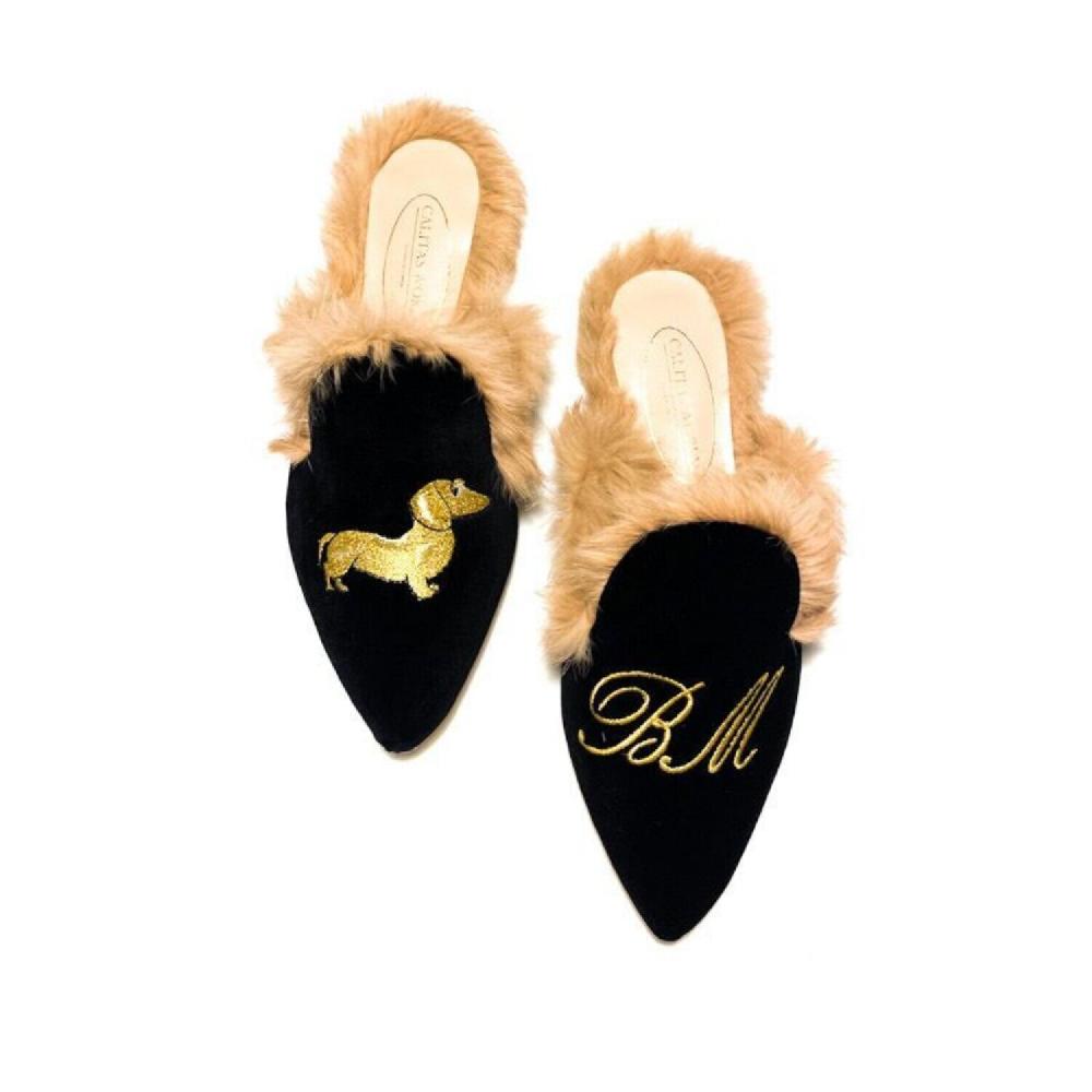 Calita Shoes ​MULES FUR BLACK VELVET GOLDEN TECKEL AND INITIALS