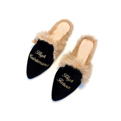 Calita Shoes MULES FUR BLACK VELVET HIGH MAINTENANCE / HIGH RETURN