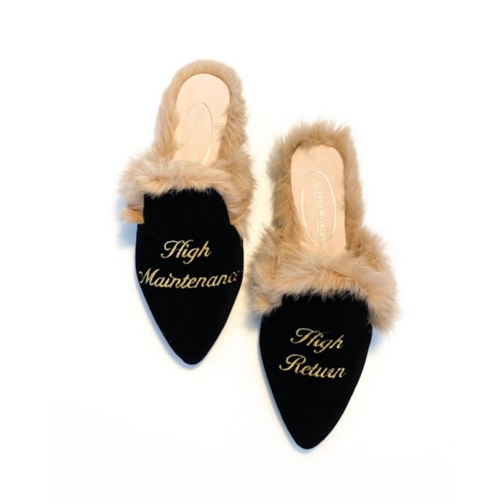 Calita Shoes MULES FUR BLACK VELVET HIGH MAINTENANCE / HIGH RETURN