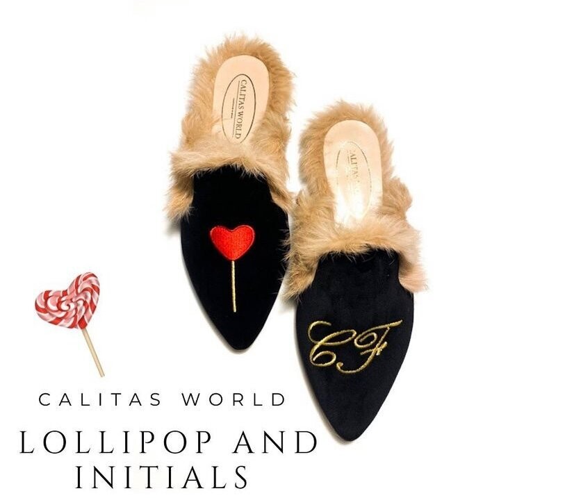 Calita Shoes MULES FUR BLACK VELVET LOLLIPOS HEART AND GOLDEN KUNSTLER INITIALS