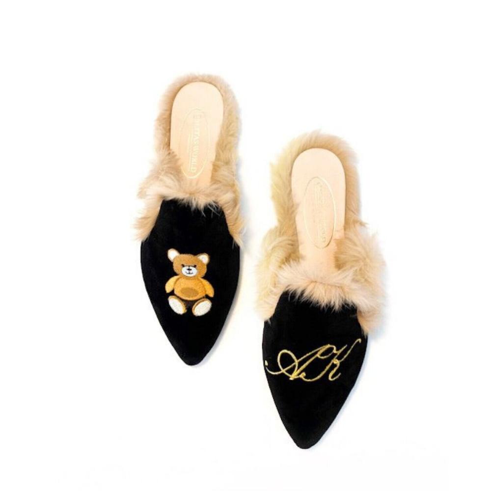 Calita Shoes ​MULES FUR BLACK VELVET TEDDY BEAR AND GOLDEN INITIALS