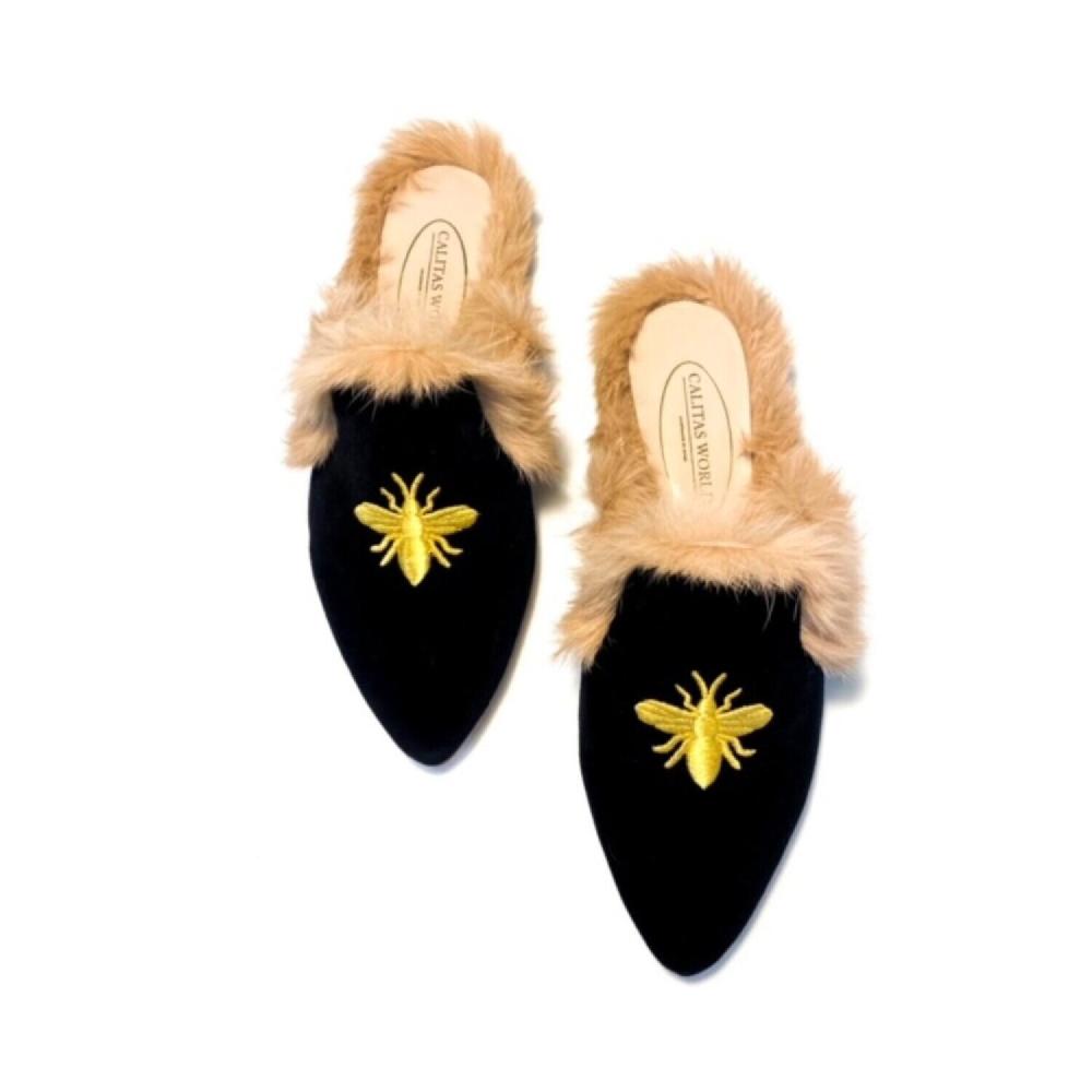 Calita Shoes ​MULES FUR BLACK VELVET WITH GOLDEN BEE