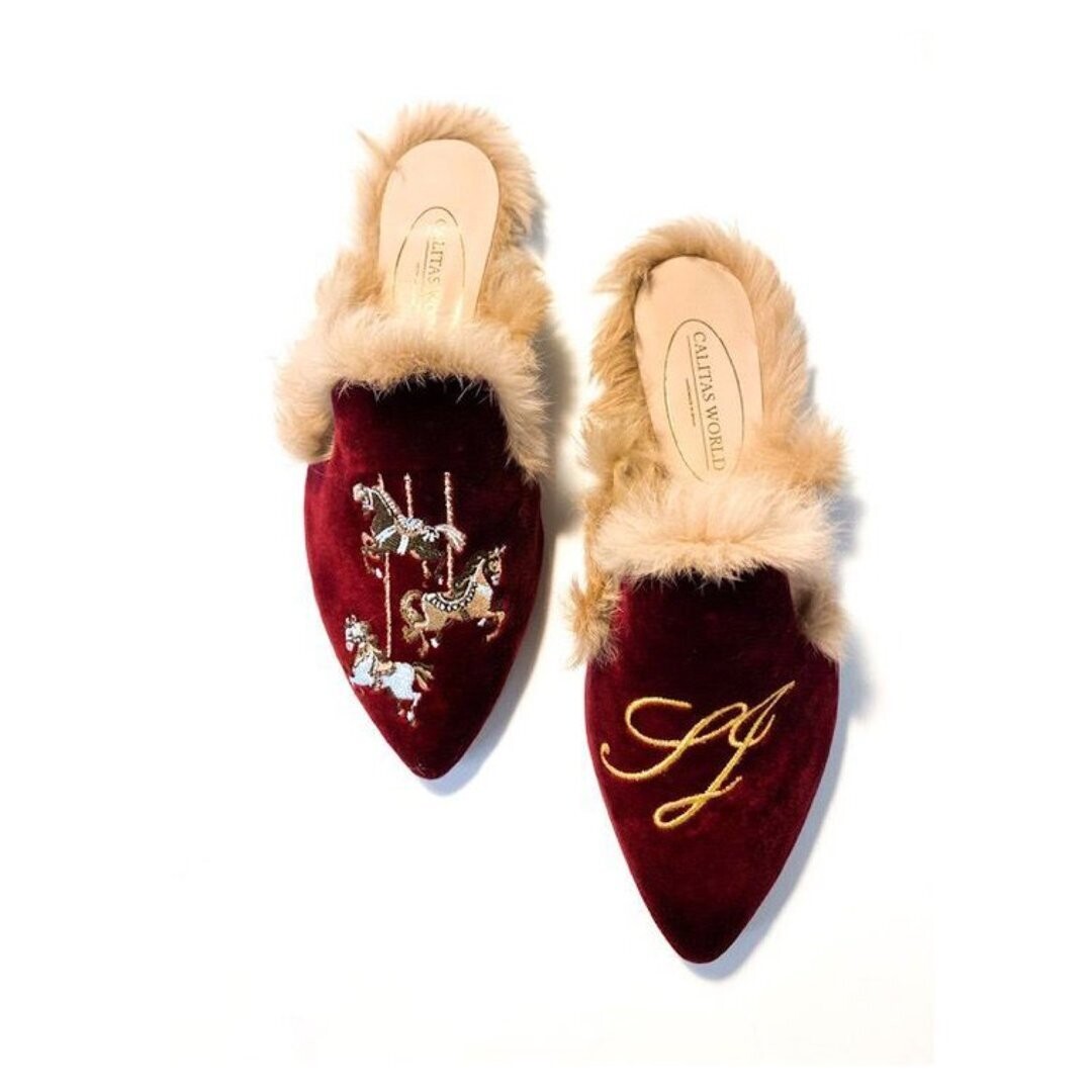 Calita Shoes ​MULES FUR BURGUNDY VELVET CAROUSEL AND INITIALS