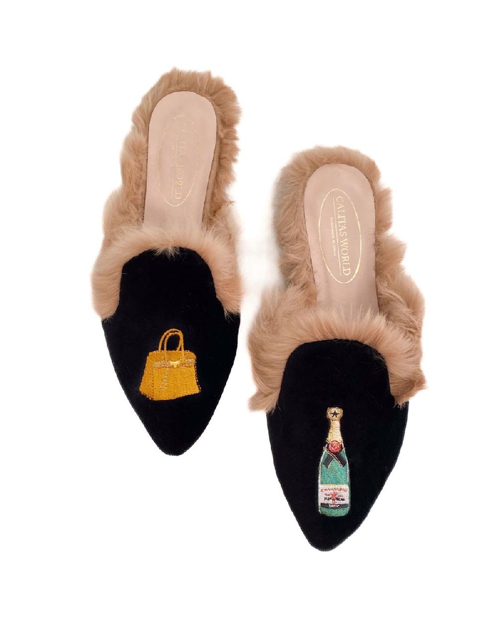 Calita Shoes ​MULES FUR GREEN 7ACO VELVET BIRKIN AND CHAMPAGNE