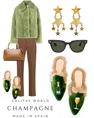 Calita Shoes ​MULES FUR GREEN 7ACO VELVET CHAMPAGNE AND CHAMPAGNE GLASS