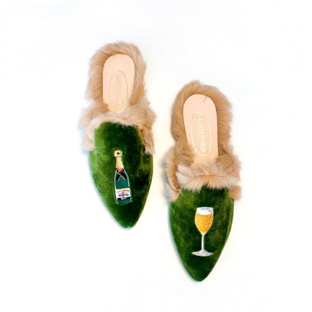 Calita Shoes ​MULES FUR GREEN 7ACO VELVET CHAMPAGNE AND CHAMPAGNE GLASS