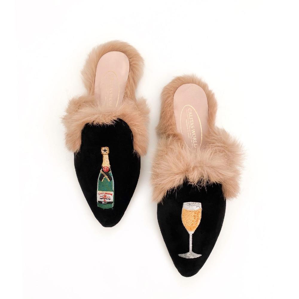 Calita Shoes ​MULES FUR GREEN 7ACO VELVET CHAMPAGNE AND CHAMPAGNE GLASS