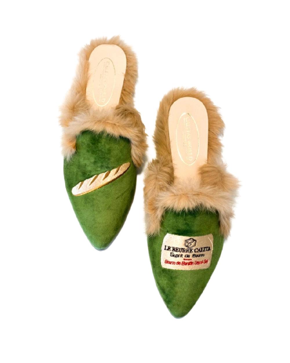 Calita Shoes ​MULES FUR GREEN 7ACO VELVET CHAMPAGNE AND CHAMPAGNE GLASS