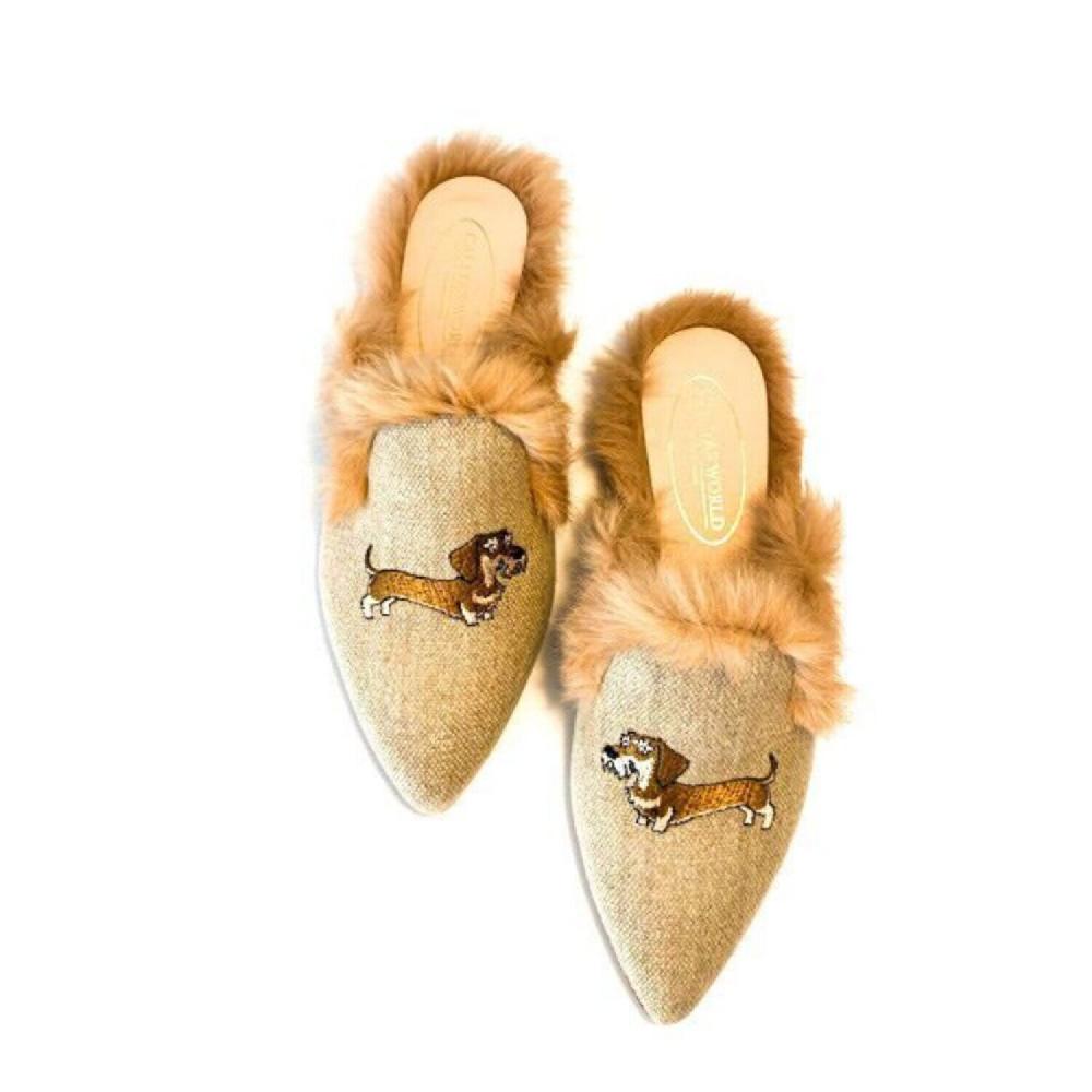 Calita Shoes ​MULES FUR NATURAL LINEN TECKEL LONG HAIR