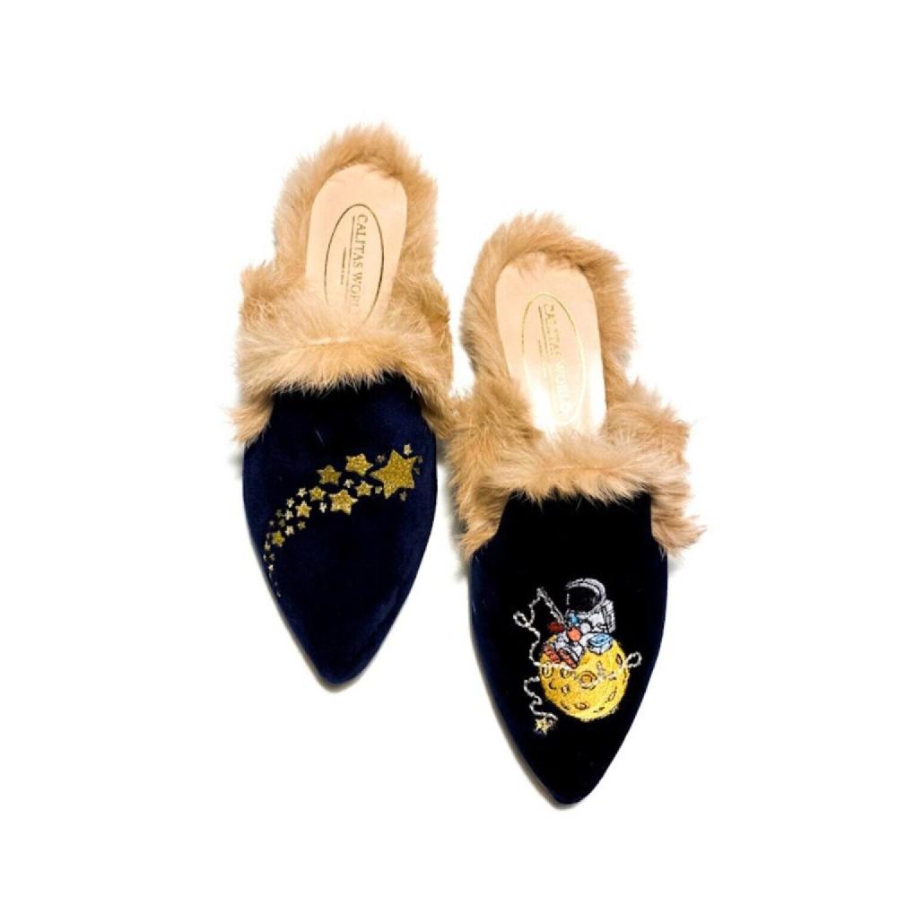 Calita Shoes ​MULES FUR NAVY BLUE 9CO VELVET STARS FISHERMAN