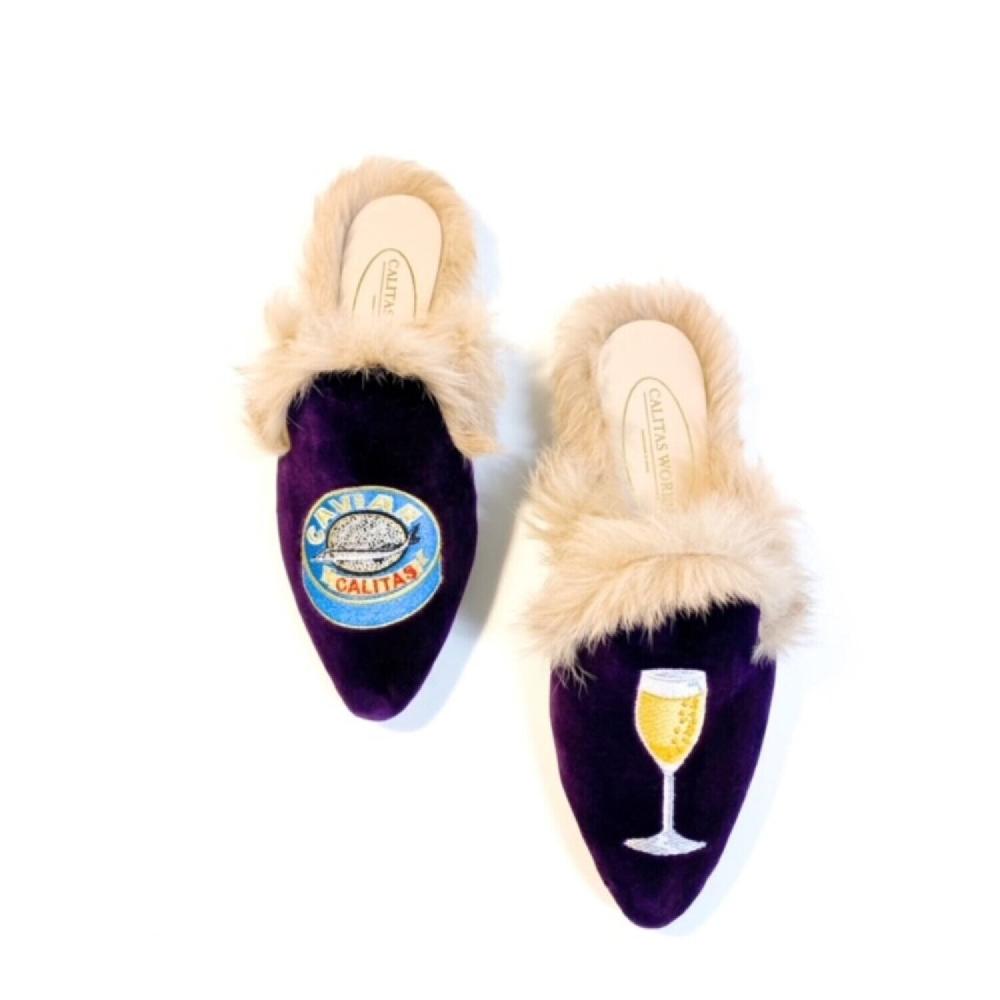 Calita Shoes ​MULES FUR PURPLE 100TX VELVET CAVIAR AND CHAMPAGNE