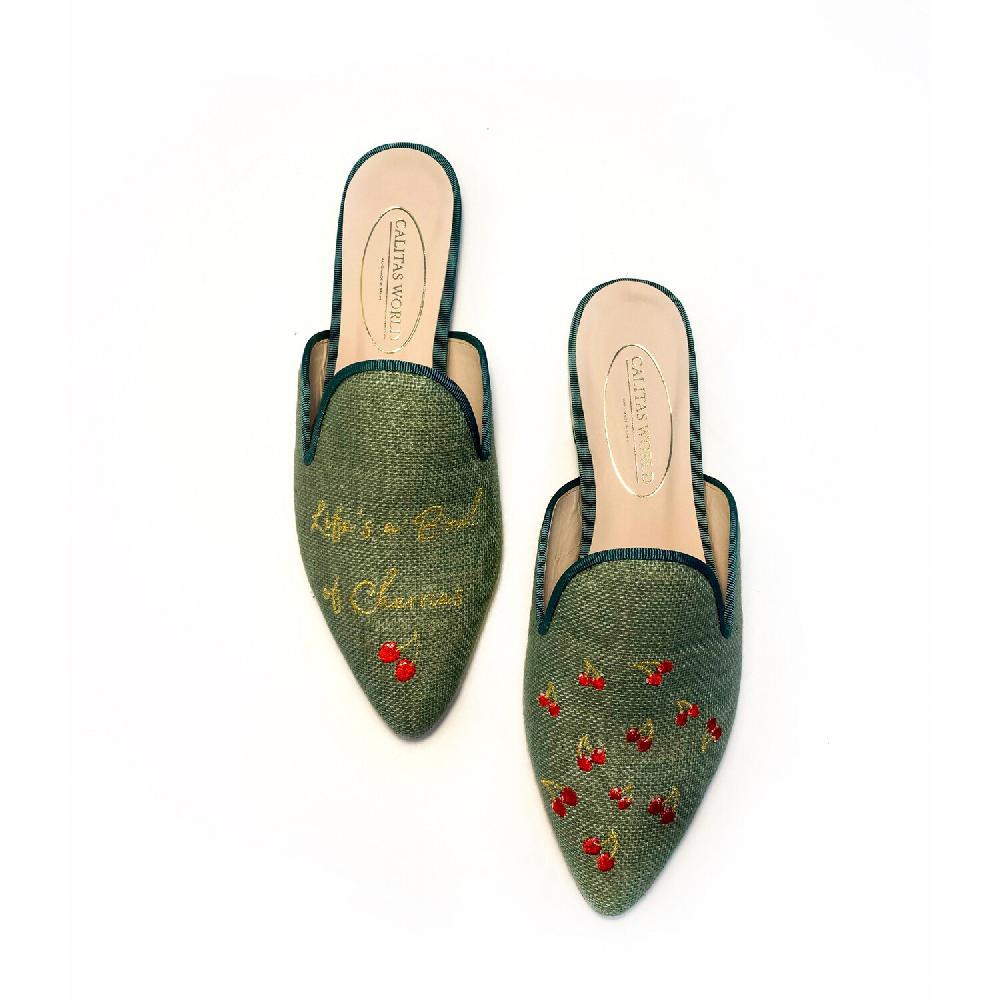 Calita Shoes MULES GREEN OLIVE LINEN 603 PV LIFE´S A BOWL OF CHERRIES