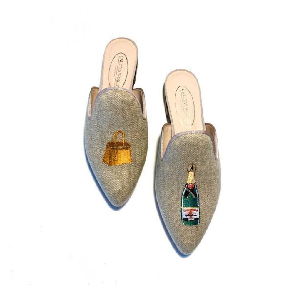 Calita Shoes ​MULES NATURAL LINEN BIRKIN AND CHAMPAGNE