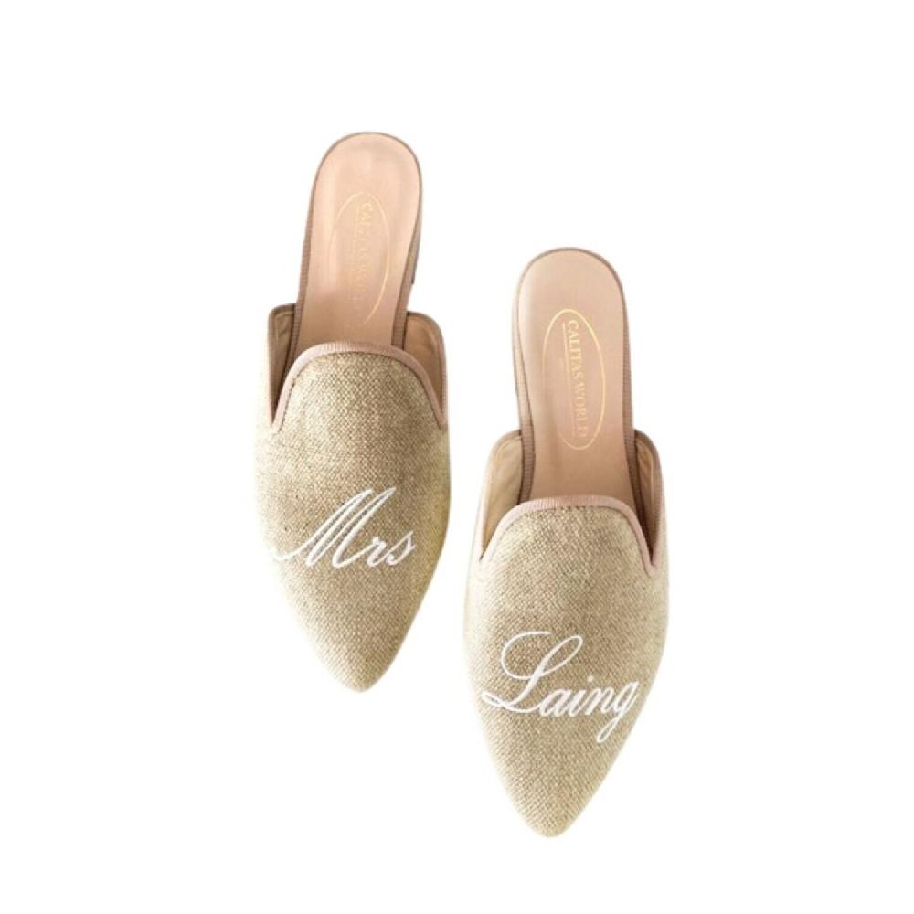 Calita Shoes MULES NATURAL LINEN WEDDING EDITION MRS. AND PERSONALIZED NAME OR LAST NAME