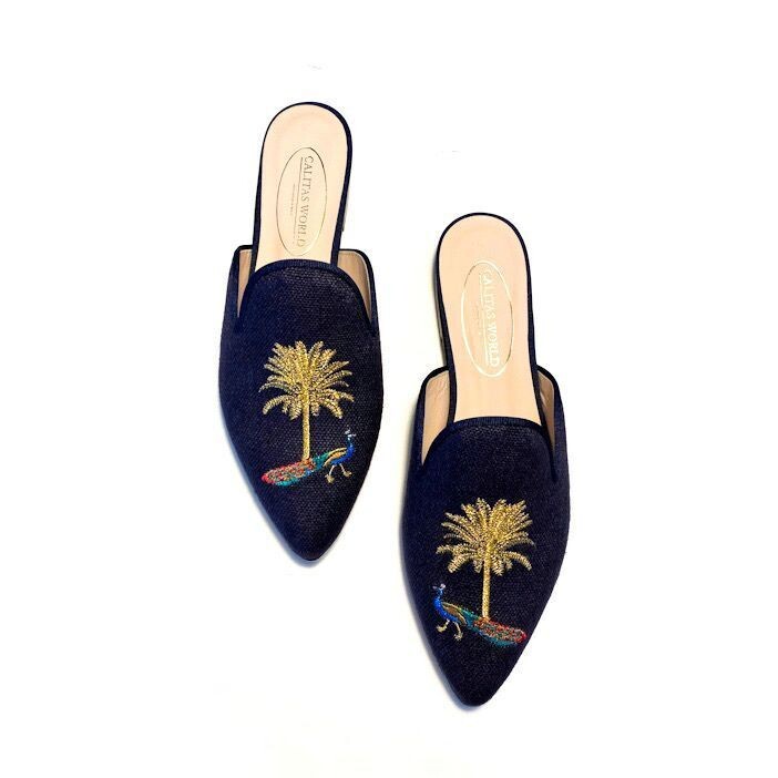 Calita Shoes ​MULES NAVY BLUE 9CO LINEN GOLDEN PALM TREE AND PEACOCK