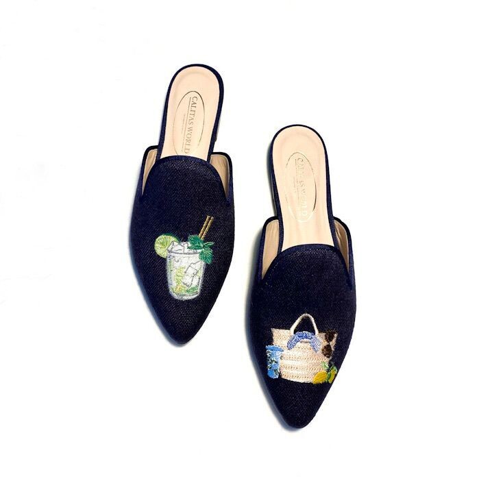 Calita Shoes ​MULES NAVY BLUE 9CO LINEN MOJITO AND BASKET