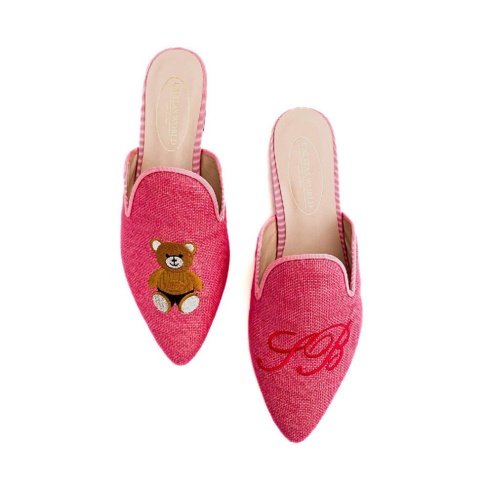 Calita Shoes ​MULES PINK LINEN TEDDY BEAR AND INITIALS