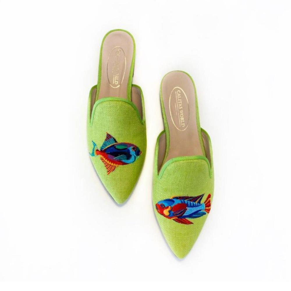 Calita Shoes ​MULES PISTACHIO 618 LINEN COLORFUL FISH