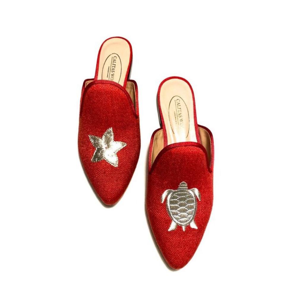 Calita Shoes ​MULES RED 14ACO LINEN STARFISH AND TURTLE